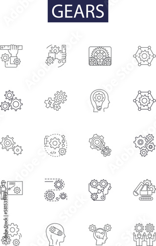 Gears line vector icons and signs. Ratchet, Wheels, Sprockets, Pulley, Axle, Shaft, Facettes, Worms outline vector illustration set photo