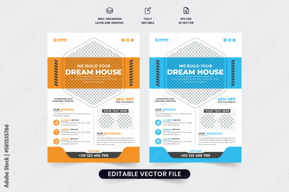 Real estate construction service promotional flyer design with orange and blue colors. Modern construction business advertisement template vector with photo placeholders. Home repair service poster.
