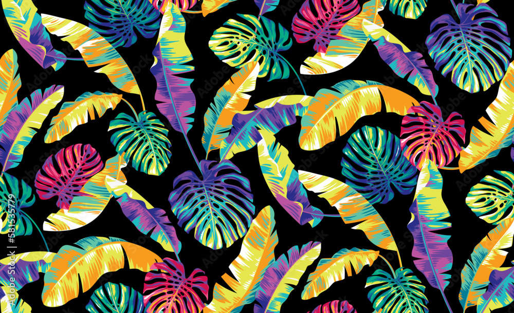 Hawaiian seamless pattern with tropical leaves. Bright glowing yellow-pink-blue-violet backdrop. Botanical illustration on a black background. Vector foliage background. 