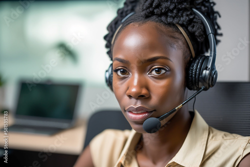 Call center african american woman communication and explain, with headphones and microphone, close up, in the office, generative ai