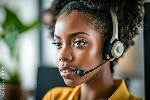 Call center african american woman communication and explain, with headphones and microphone, close up, in the office, generative ai