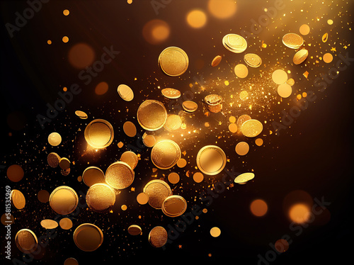 A stream of flying golden coins, golden rain concept. Generative AI