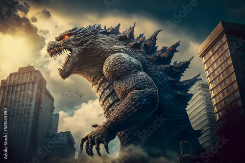Giant kaiju attack the big city, generative ai © VicenSanh