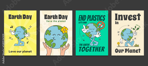 earth day posters in trendy retro cartoon style, retro 70s posters. Vector illustration 