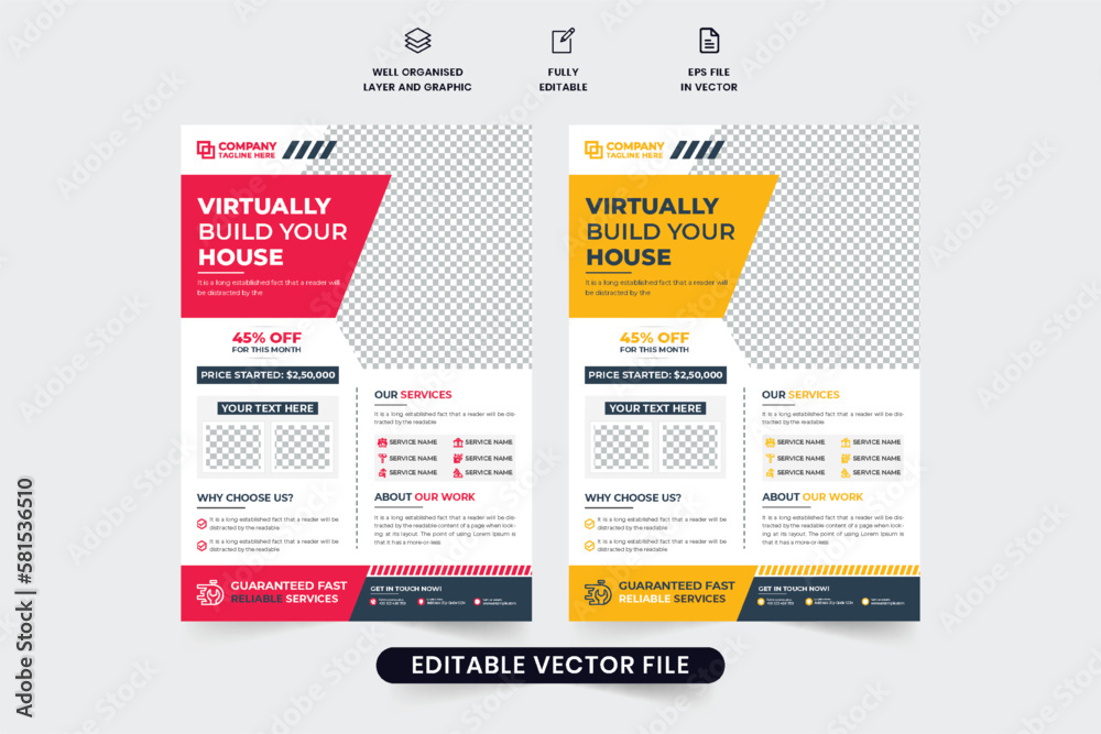 Home making business flyer layout design for marketing. House maintenance and repair service promotional web banner and poster vector with red and yellow colors. Real estate home construction business
