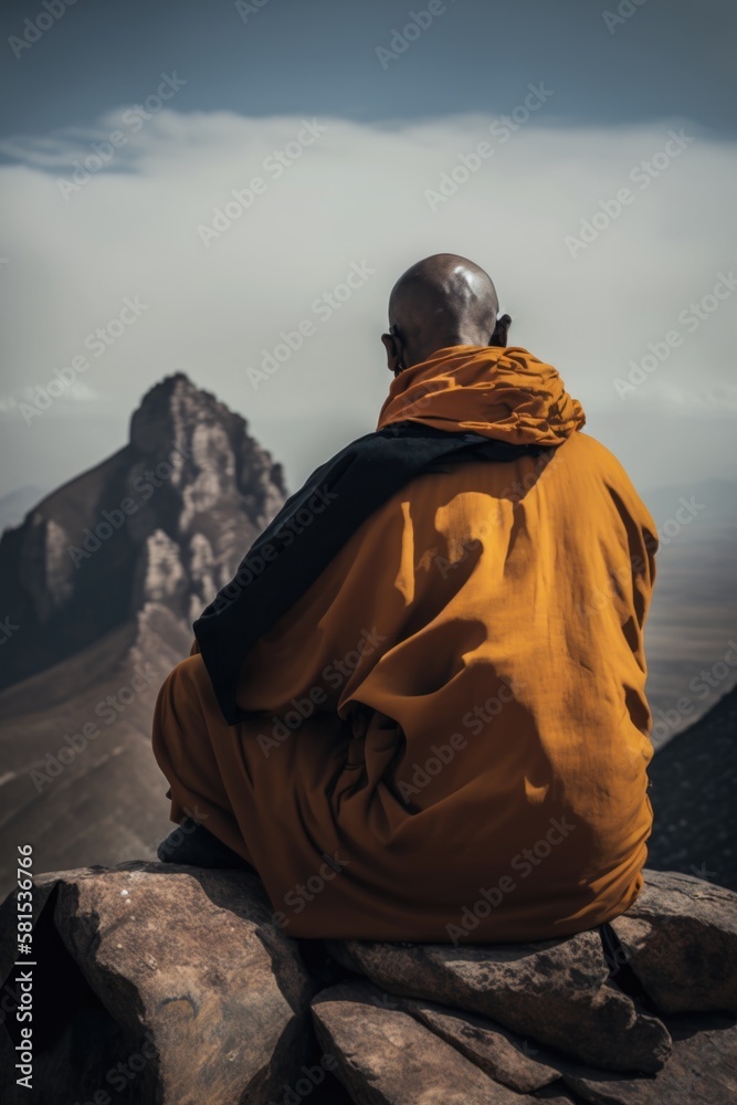 Monk sitting with mountains in the background. Buddhist monk meditating in orange robe. Tibetan monk. Generative AI