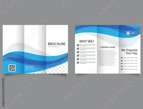 Trifold brochure with blue waves.Corporate brochure, trifold template design photo