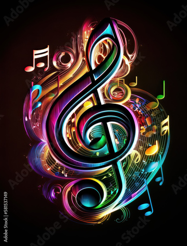 colorful neon light music clef symbol with black background Generative AI, Generativ, KI