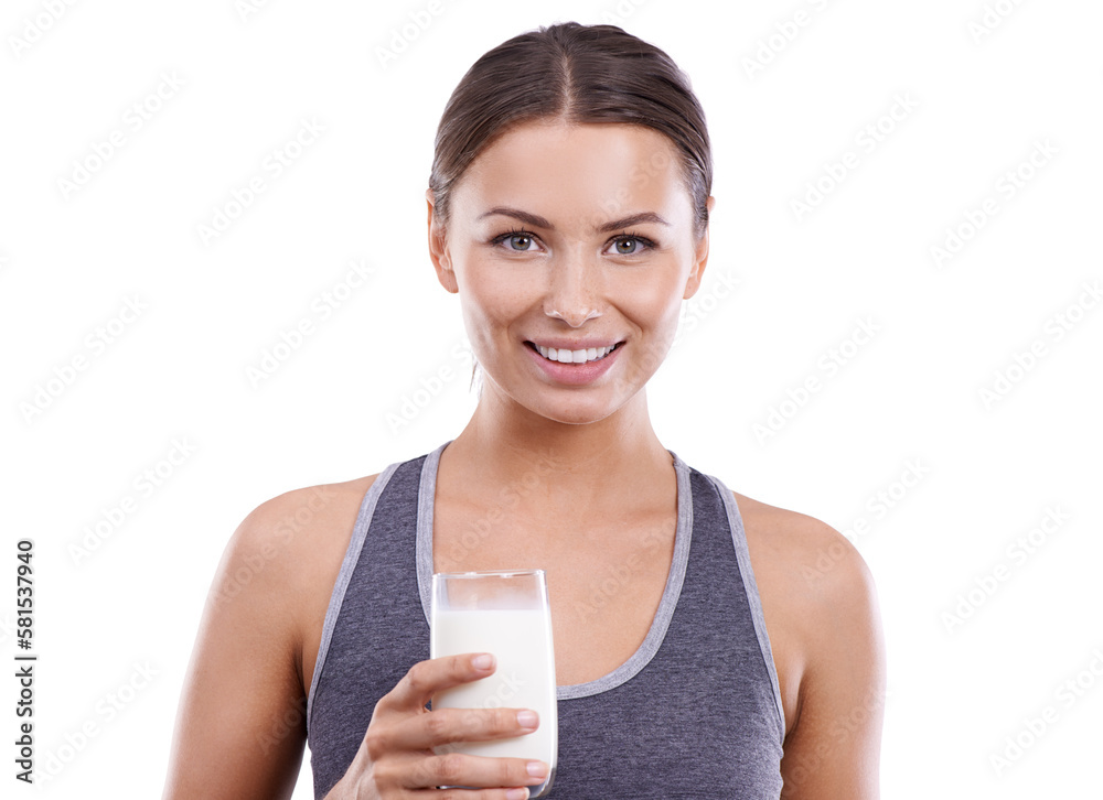 Keeping her bones strong. An attractive woman smiling at the camera and holding a glass of milk. Keeping her bones strong. An attractive woman smiling at the camera and holding a glass of milk.