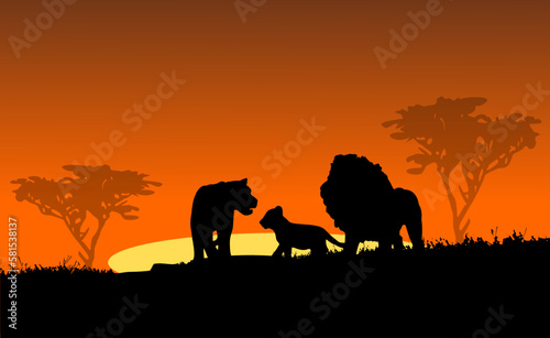 Löwenfamilie in afrikanischer Landschaft beim Sonnenuntergang - Safari