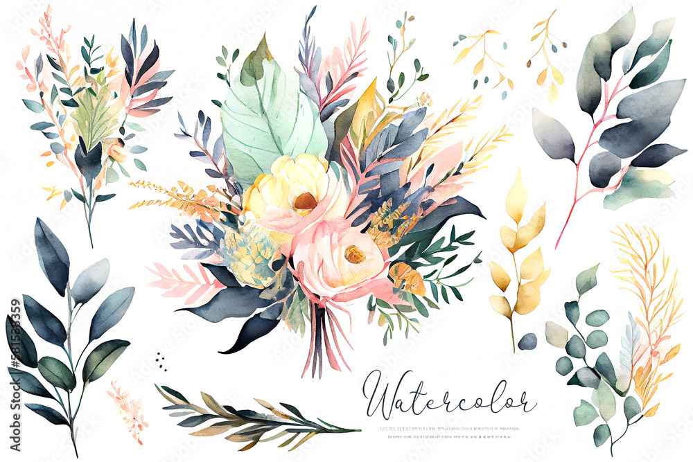 Obraz premium Watercolor floral bouquet illustration set. Blush pink blue yellow flower. Green leaf leaves. Branches bouquets collection. Wedding stationary, greetings, fashion, background. Generative Ai.