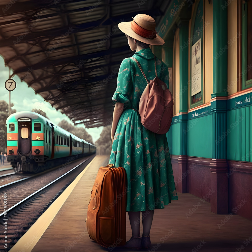 Woman waiting on train station, Generative AI