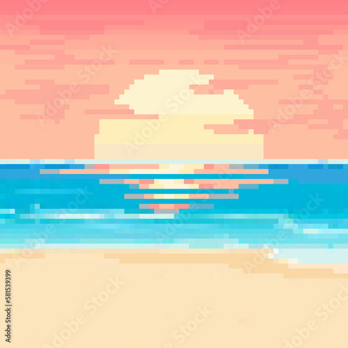 Pixel art background icon nature landscape beach sunset pink clear blue water clouds sky sand stock illustration © Karolina