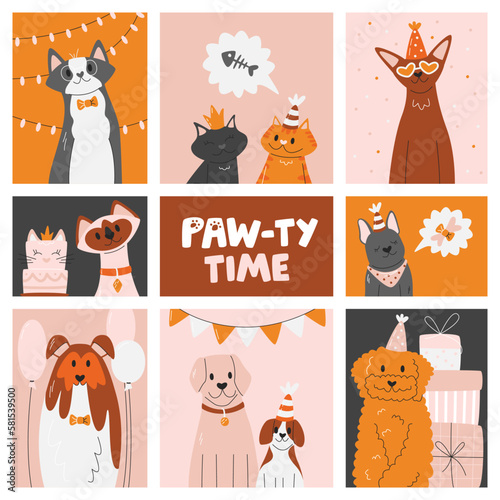 Pet party poster template with cats and dogs. Celebration concept design with handwritten lettering. Geometric banner with domestic animals. Paw-ty time hand drawn flat vector illustration isolated