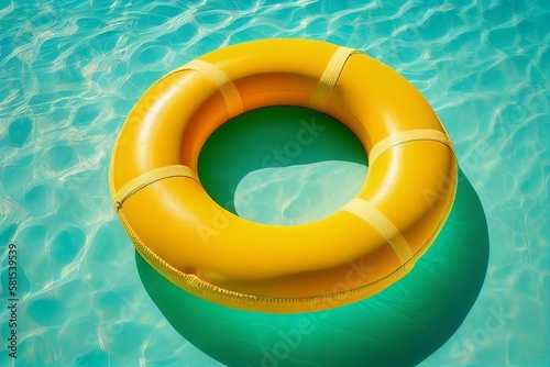 Yellow inflatable ring on turquoise blue sea water. Summer concept background. Illustration AI