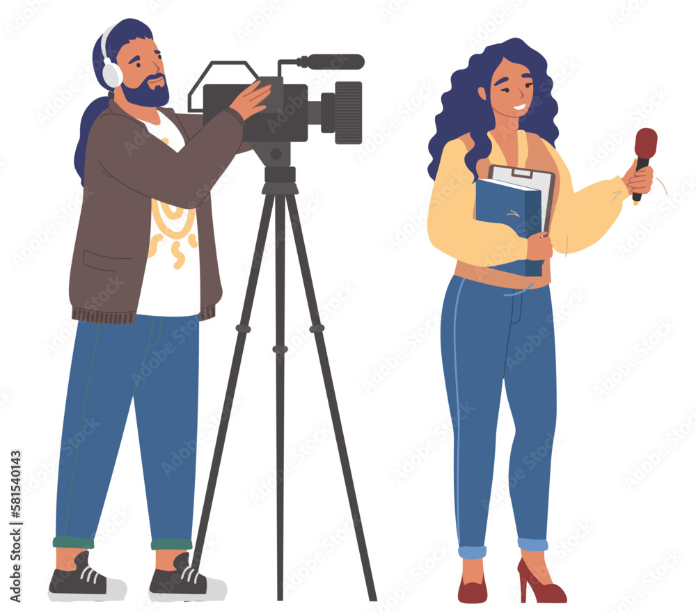 Interview by journalist and cameraman vector illustration