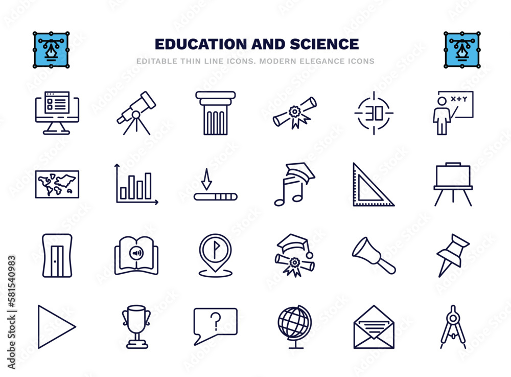 Fototapeta premium set of education and science thin line icons. education and science outline icons such as online test, greek pillar, digital display 30, bars, square, audiobook, hand bell, big trophy, school globe,