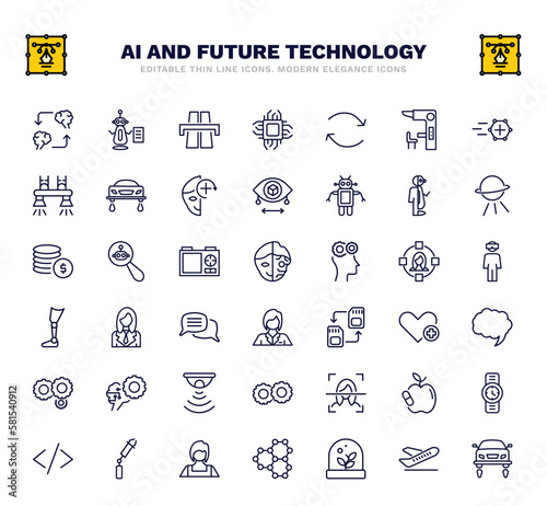 set of ai and future technology thin line icons. ai and future technology outline icons such as mind transfer, motorway, replacement, robots and humans, cyborg, personal assistant, speech bubble,