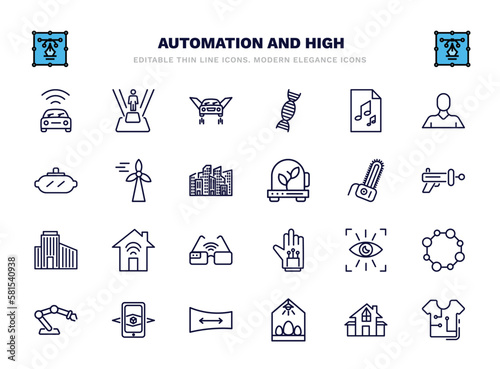 set of automation and high thin line icons. automation and high outline icons such as vehicle, flying car, audio file, eolic energy, chainsaw, smart house, eye scan, augmented reality, egg