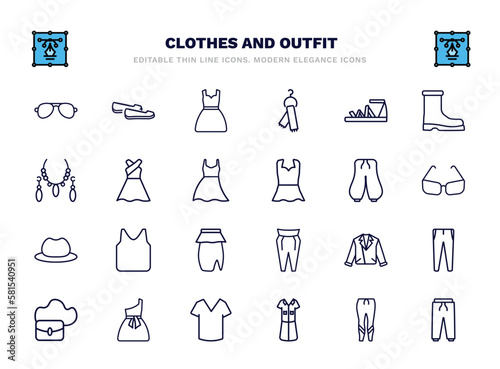 set of clothes and outfit thin line icons. clothes and outfit outline icons such as pilot sunglasses, drees, gladiator sandal, long sleeveless dress, harem pants, jersey blazer, leather biker