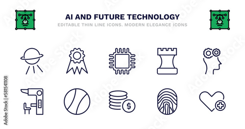 set of ai and future technology thin line icons. ai and future technology outline icons such as recognition, cpu, chess, business, sensorama, sensorama, ball, coins, biometrics, healthcare vector.