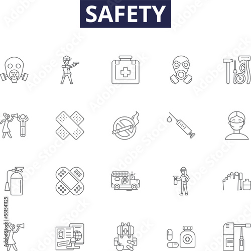 Safety line vector icons and signs. Cautious, Alert, Reliable, Vigilant, Protector, Guarded, Secure, Robust outline vector illustration set