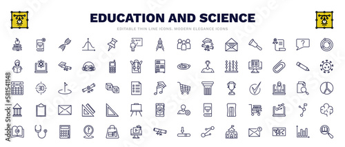 set of education and science thin line icons. education and science outline icons such as book and, dna strand, atomic orbitals, online test, shopping cart, square, cardiology tool, bars, book