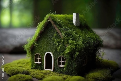 Eco friendly house on moss. Generative AI