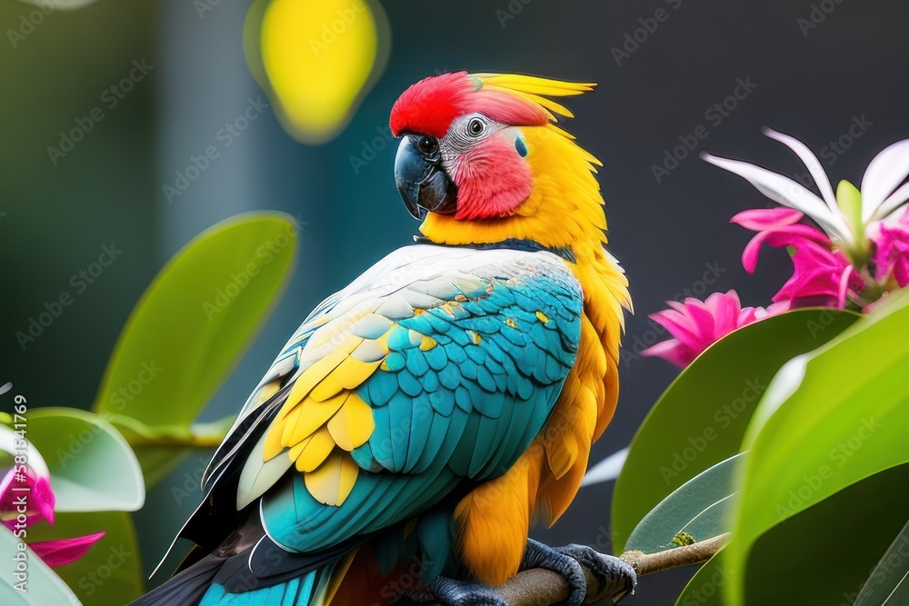 Australian Cockatoo Inca parrot in the treetops in a tropical rainforest, bright flowers and leaves, exotic plants, vines. Wildlife concept of ecological environment. Generative AI