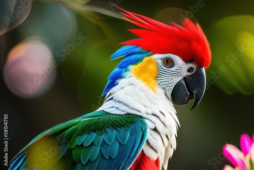 Australian Cockatoo Inca parrot in the treetops in a tropical rainforest, bright flowers and leaves, exotic plants, vines. Wildlife concept of ecological environment. Generative AI photo