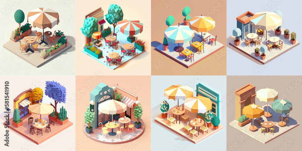 Cute illustration with tables in front of a summer cafe on a sunny day. Isometry in soothing colors. Generative AI