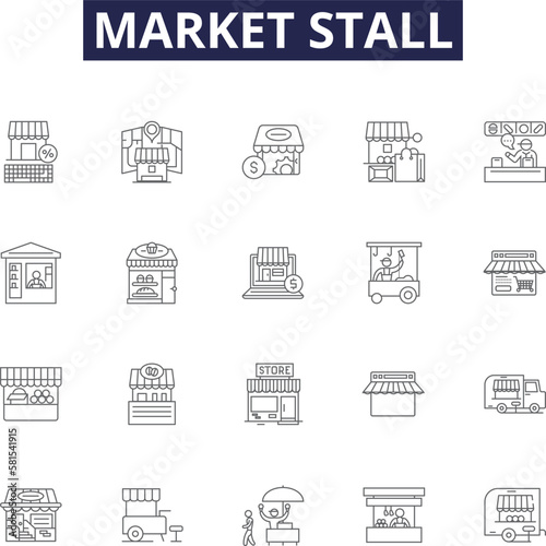 Market stall line vector icons and signs. Market, Vendor, Goods, Shopping, Trade, Bazaar, Retail, Sale outline vector illustration set