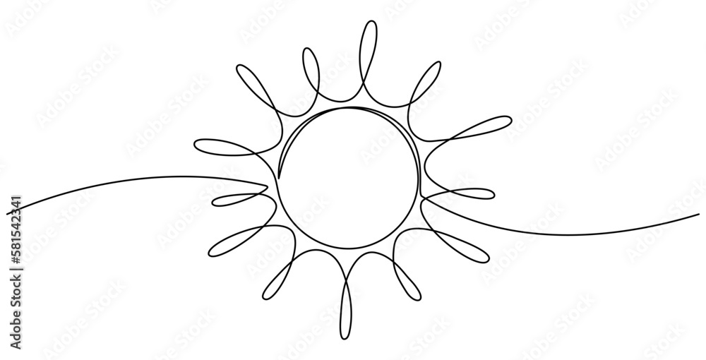 Sun continuous one line art drawing. Summer sun contour line sign. Vector illustration isolated on white.