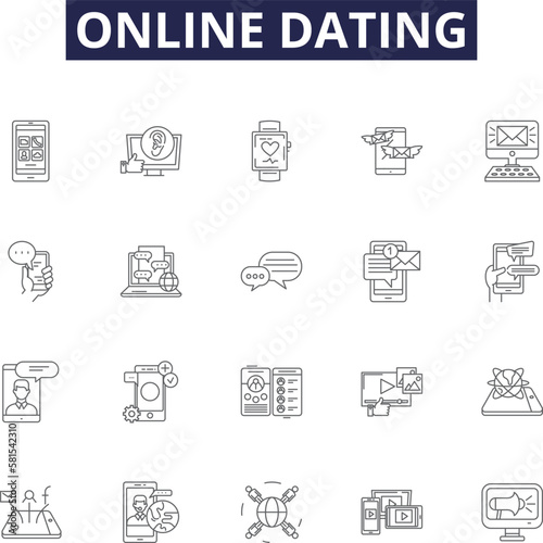 Online dating line vector icons and signs. Online, Matchmaking, Singles, Romance, Relationships, Soulmates, Love, Interaction outline vector illustration set