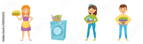 Man and Woman Character Holding Washed Clothing and Detergents Vector Set