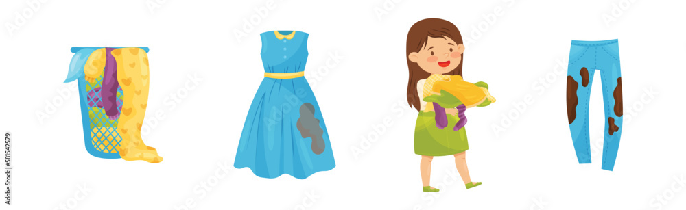 Little Girl Character Holding Dirty Clothing for Washing Vector Set Little Girl Character Holding Dirty Clothing for Washing Vector Set