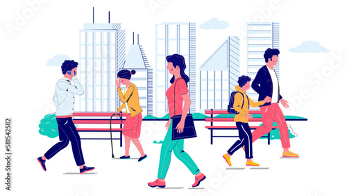 Vector people walking on city street illustration