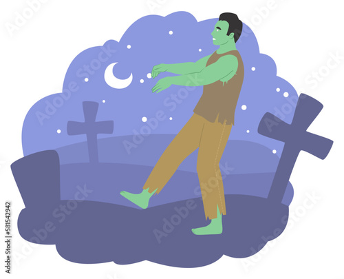 Creepy cartoon zombie walking on graveyard vector
