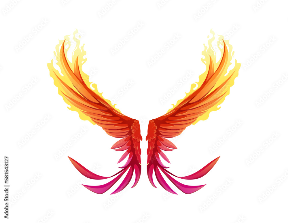 Obraz premium Beautiful wing concept. Gradient sticker with burning phoenix wings in flames or fire. Pair of wings of magical fairy tale character. Cartoon realistic vector illustration isolated on white background