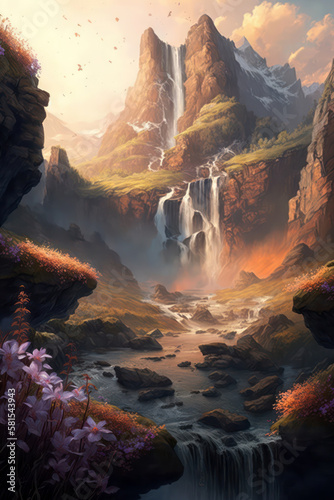 Generative AI illustration of stunning landscape waterfall and mountains scene during golden hour with light streaming through to the river below © veneratio