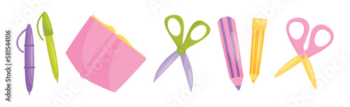 School Supplies with Book, Pen, Scissors and Pencil Vector Set