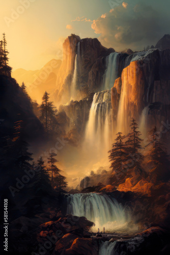 Generative AI illustration of stunning landscape waterfall and mountains scene during golden hour with light streaming through to the river below