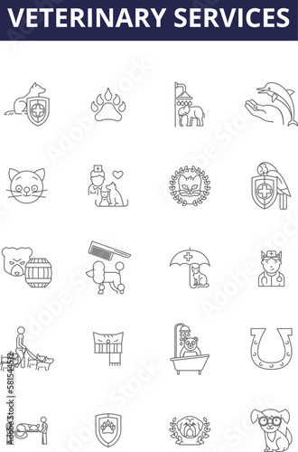 Veterinary services line vector icons and signs. Veterinary, Care, Clinic, Services, Treatments, Wellness, Surgery, Emergency outline vector illustration set
