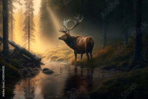 Generative AI illustration of beautiful image of red deer stag in golden hour sunlight in forest and stream landscape © veneratio