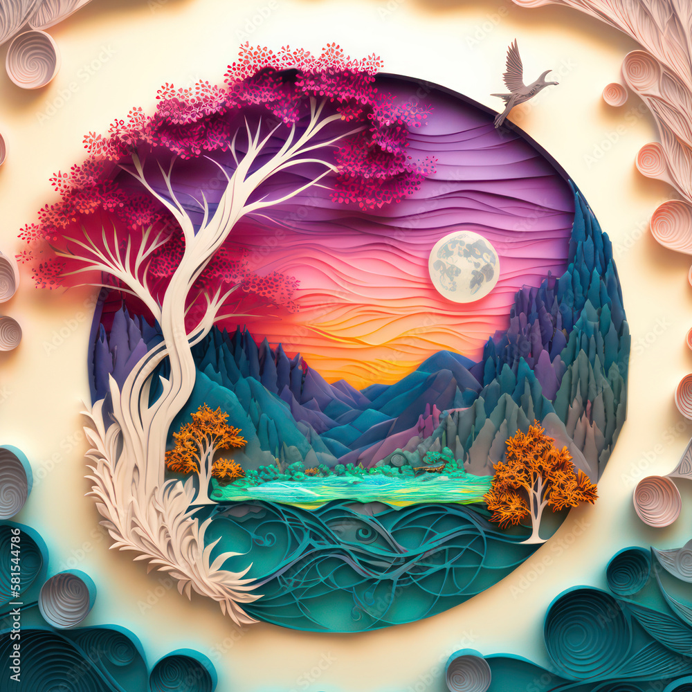 Generative AI illustration of stunning paper art quilling landscape scenes with soft pastel colors and beautiful use of shape