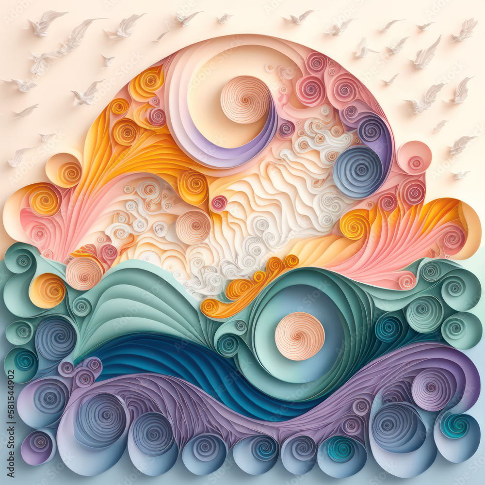 Obraz premium Generative AI illustration of stunning paper art quilling landscape scenes with soft pastel colors and beautiful use of shape