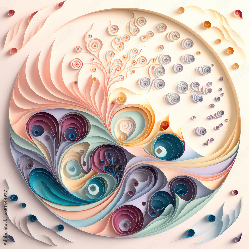 Generative AI illustration of stunning paper art quilling landscape scenes with soft pastel colors and beautiful use of shape
