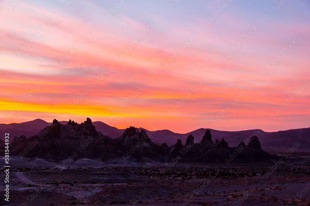 Trona Pinnacles during sunset in the Mojave Desert of California.