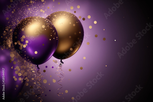 Generative AI illustration of festive Christmas and celebration vibrant purple and gold balloons surrounded with glitter and bokeh lights background