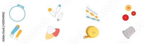 Sewing and Tailoring Accessories with Tambour, Pin, Yarn, Buttons, Thimble and Measuring Tape Vector Set photo